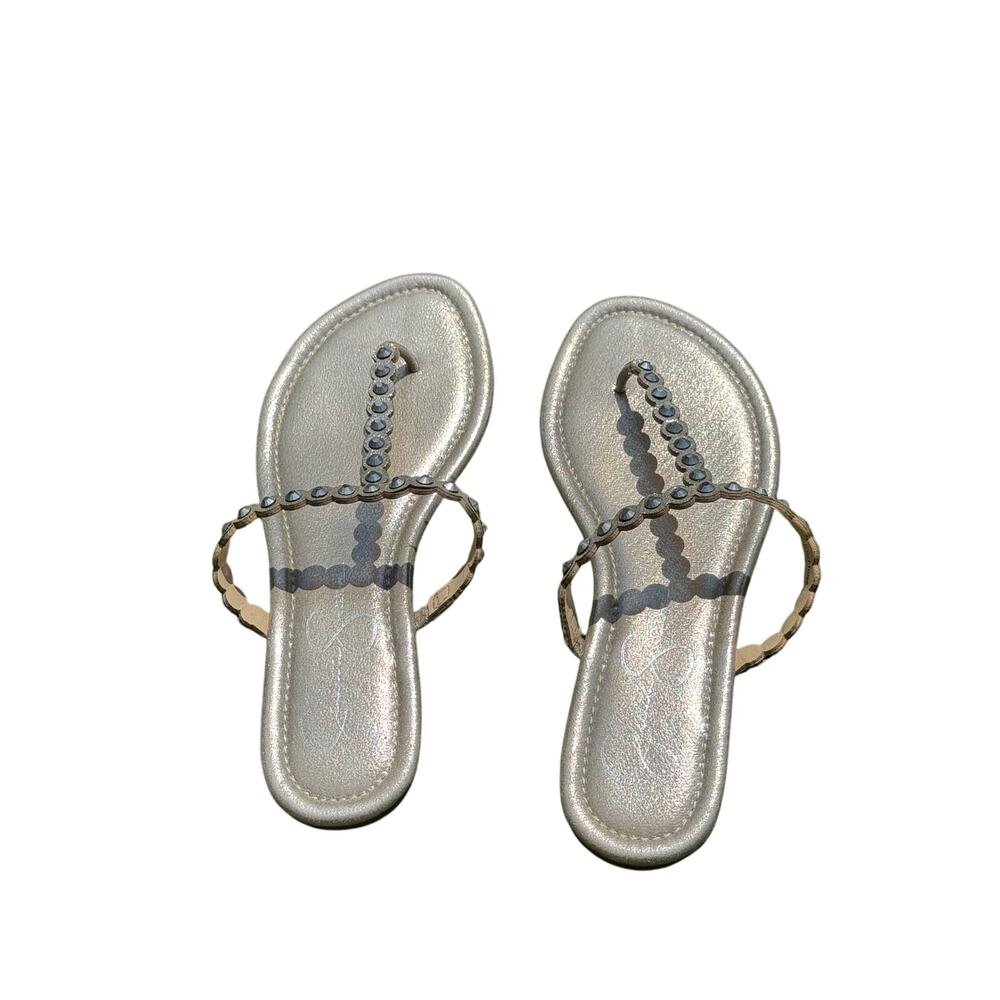 Jessica Simpson Karlee Gold Leather Rhinestone T Strap Sandals Size 6.5